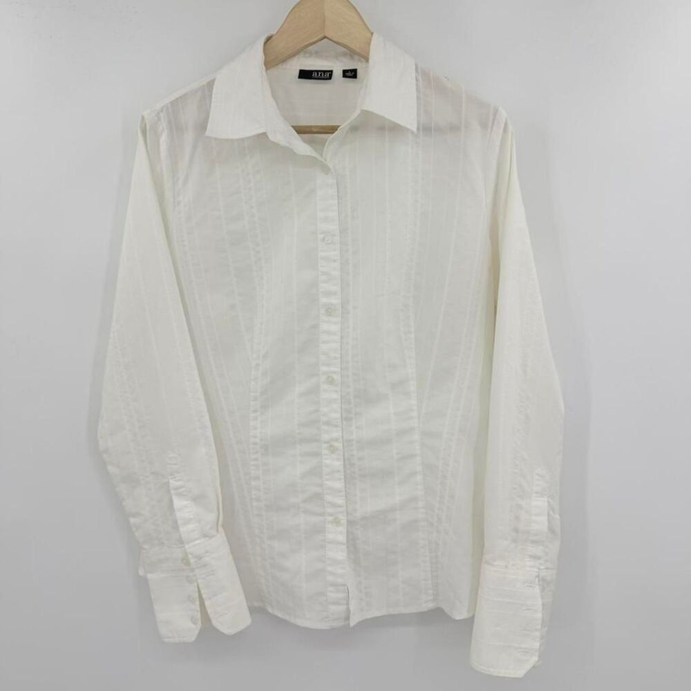 A.N.A. A New Approach White Striped Button Down Shirt Womens Large Long Sleeve